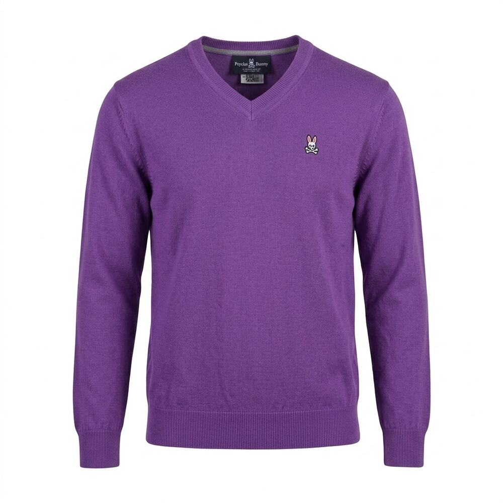 Psycho Bunny Pima V-Neck Pullover Sweater Purple Knit Men Size M